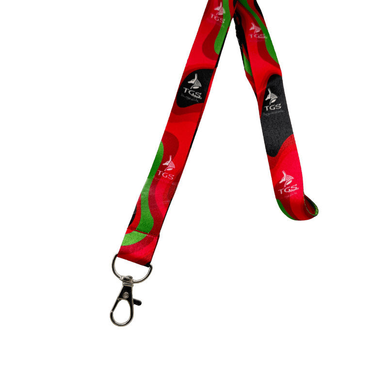 Lanyard TGS rojo y verde con logo The Good Shisha, ideal para boquillas de cachimba y llaves