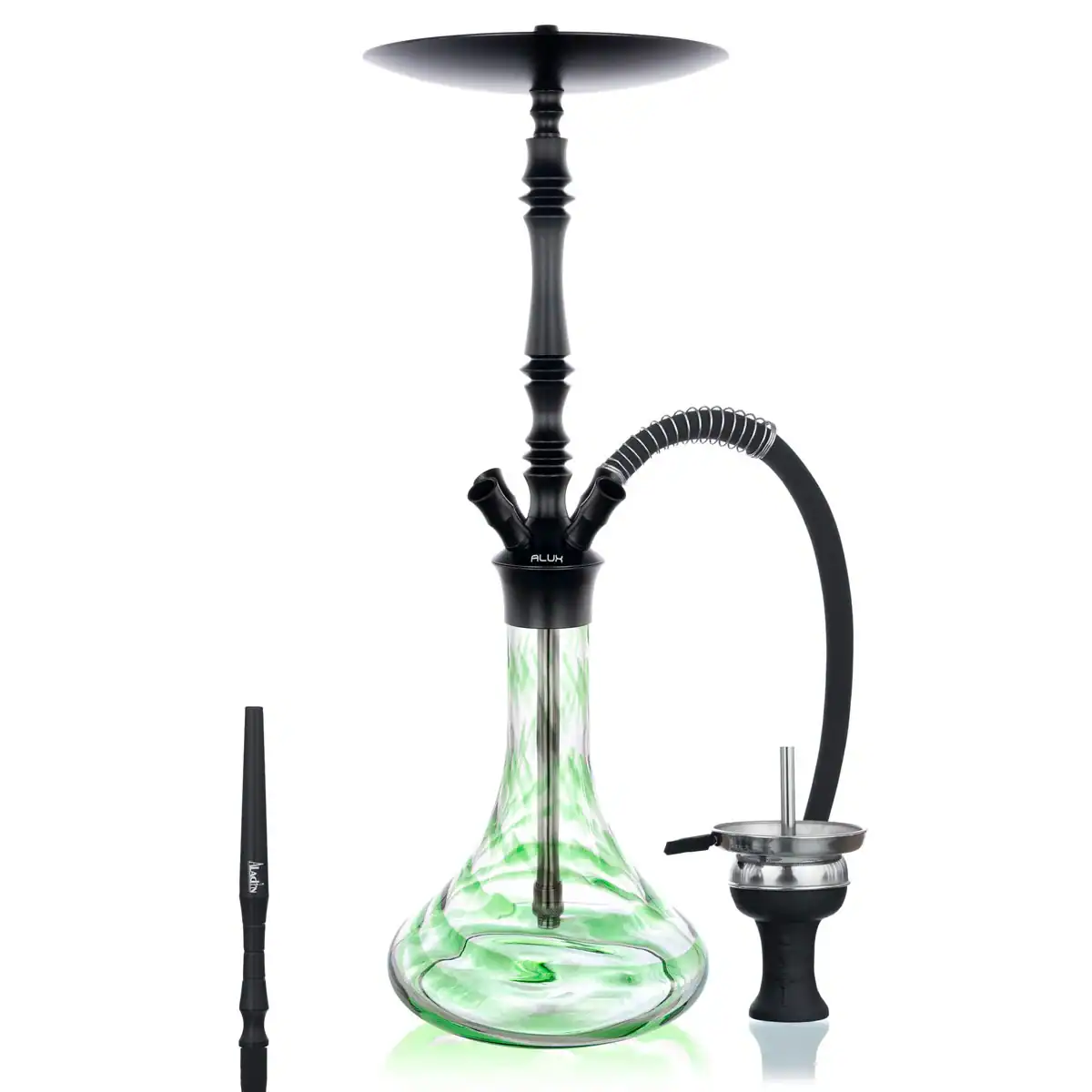 Imagen de la cachimba Aladin Alux M4 de aluminio, con sus accesorios incluidos, lista para usar en una reunión social.