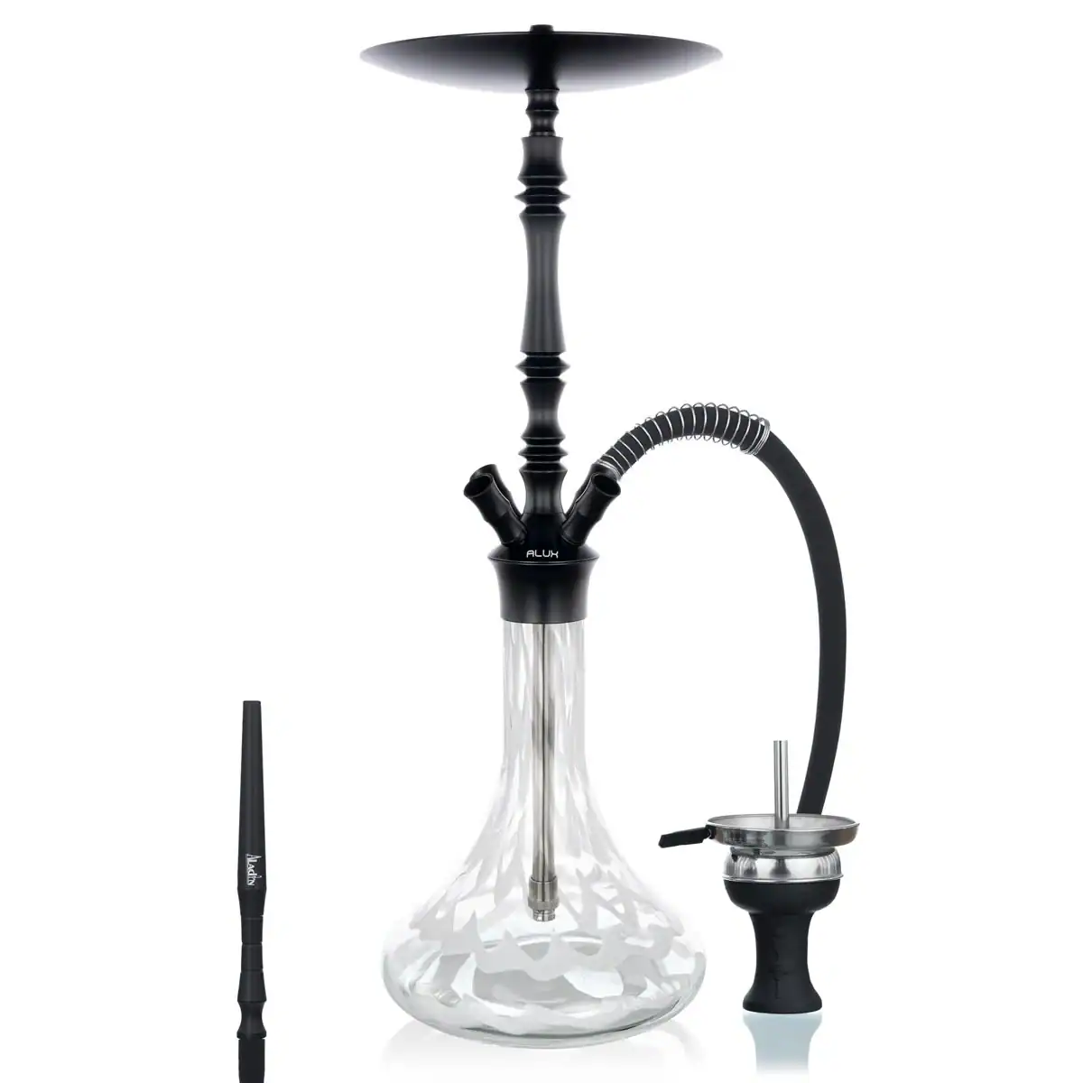 Imagen de la cachimba Aladin Alux M4 de aluminio, con sus accesorios incluidos, lista para usar en una reunión social.