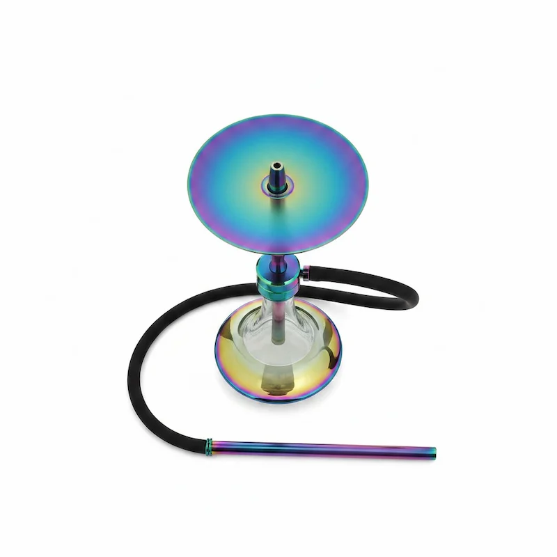 Vista superior de la cachimba MS Magma Tradi Mini con plato, cazoleta y manguera multicolor rainbow