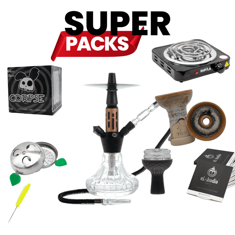 Pack cachimba MS Mini de la marca Mashisha de 27 cm con jarrón de vidrio grueso, cuerpo metálico, cazoleta TGS Nilo, gestor Provost, hornillo, papel aluminio, punzón y carbón en The Good Shisha