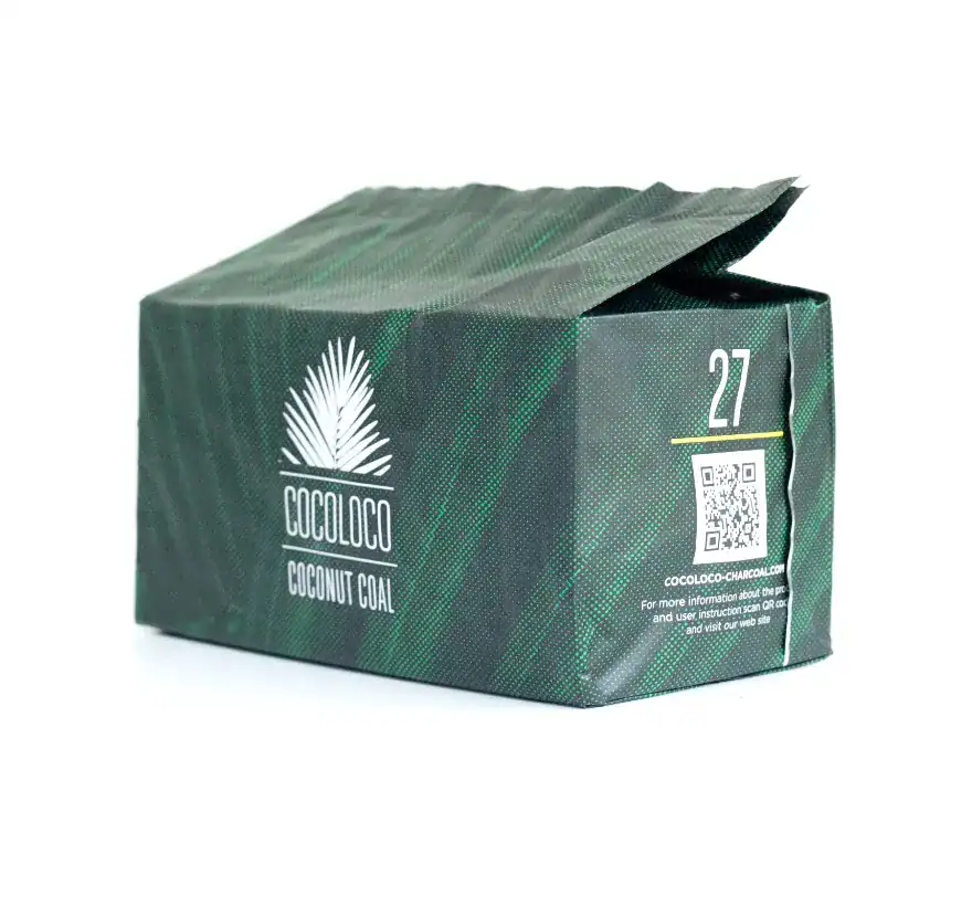 Carbón Cocoloco Horeca 27 mm en bolsa, formato práctico para lounges y almacenamiento al vacío