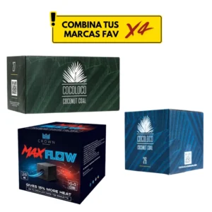 Imagen del Pack x4 Pro Combina tus marcas con carbones Cocoloco y Crown Max Flow The Good Shisha