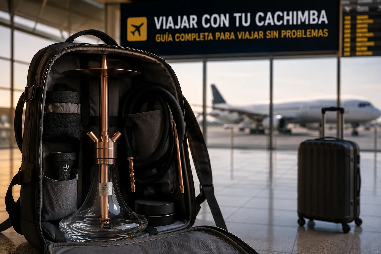 Cachimba desmontada en mochila de viaje con maleta y avión al fondo en aeropuerto