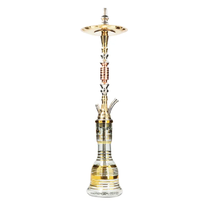 Cachimba Khalil Mamoon Halzone Trimetal egipcia tradicional de 80 cm con mástil de latón, cobre y acero grabado a mano, tubo de inmersión de cobre y base de cristal con filetes dorados en The Good Shisha