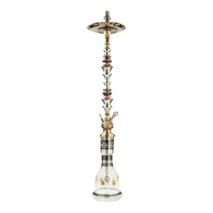 Cachimba Khalil Mamoon Quadmetal egipcia tradicional de 95 cm con mástil de cuatro metales con reflejos plateados, cobrizos y dorados grabado a mano y base de cristal con motivos faraónicos en The Good Shisha