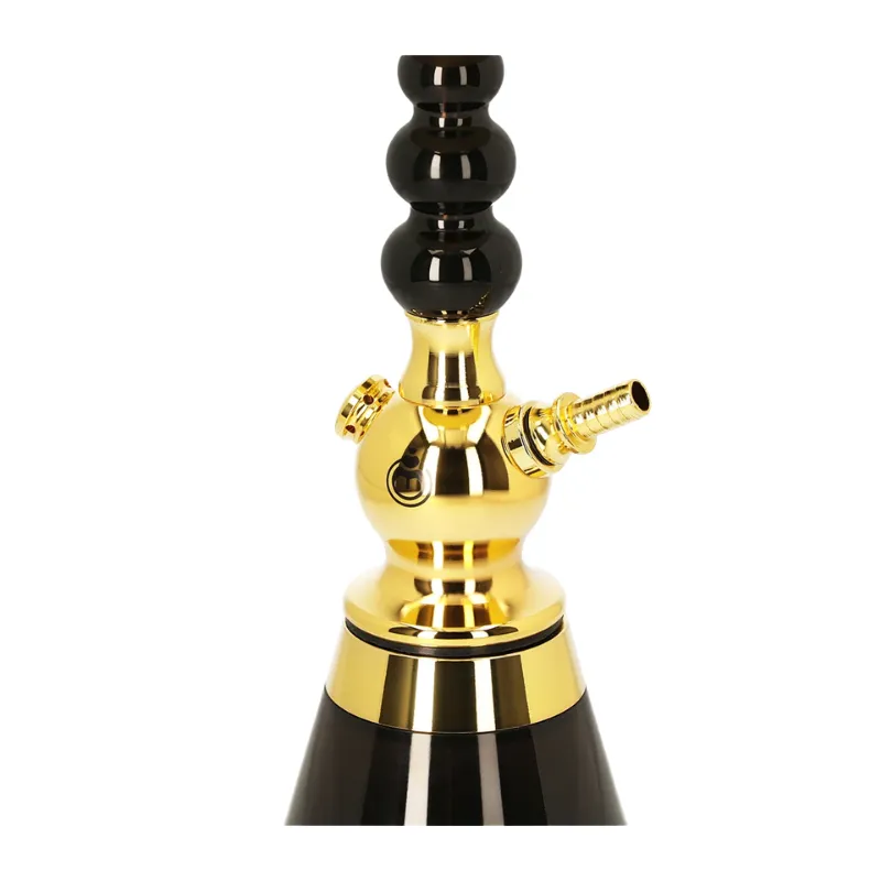 Cachimba El Badia Celeste Gold Black Edition francesa de 45 cm con base dorada efecto espejo, columna de tres bolas en acrílico negro, conectores dorados y manguera de silicona en The Good Shisha