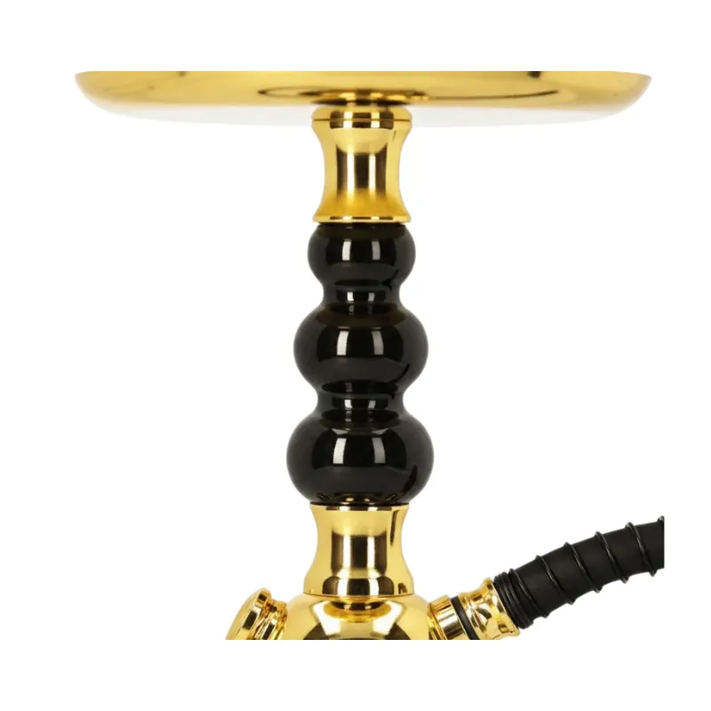 Cachimba El Badia Celeste Gold Black Edition francesa de 45 cm con base dorada efecto espejo, columna de tres bolas en acrílico negro, conectores dorados y manguera de silicona en The Good Shisha