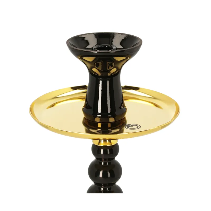 Cachimba El Badia Celeste Gold Black Edition francesa de 45 cm con base dorada efecto espejo, columna de tres bolas en acrílico negro, conectores dorados y manguera de silicona en The Good Shisha